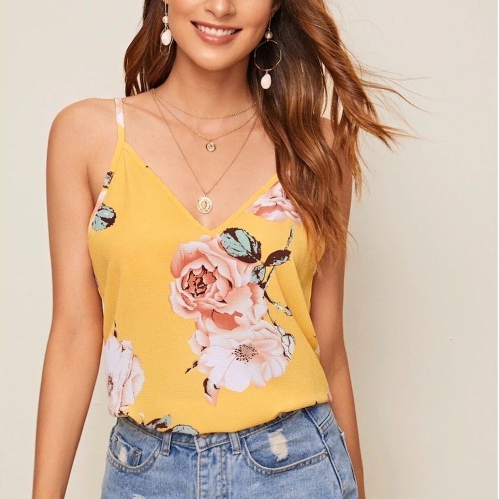 SHEIN Women Yellow Floral V-Neck Cami Top Sleeveless Adjustable Straps Small